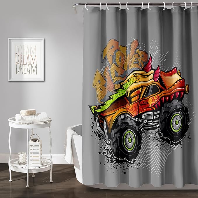 AILONEN Truck Shower Curtain for Kids Boys Teens,Red Monster Truck Bath Curtain for Bathroom Decor,Jam Truck Polyester Waterproof with 12 Plastic Hooks 60" W*72" H