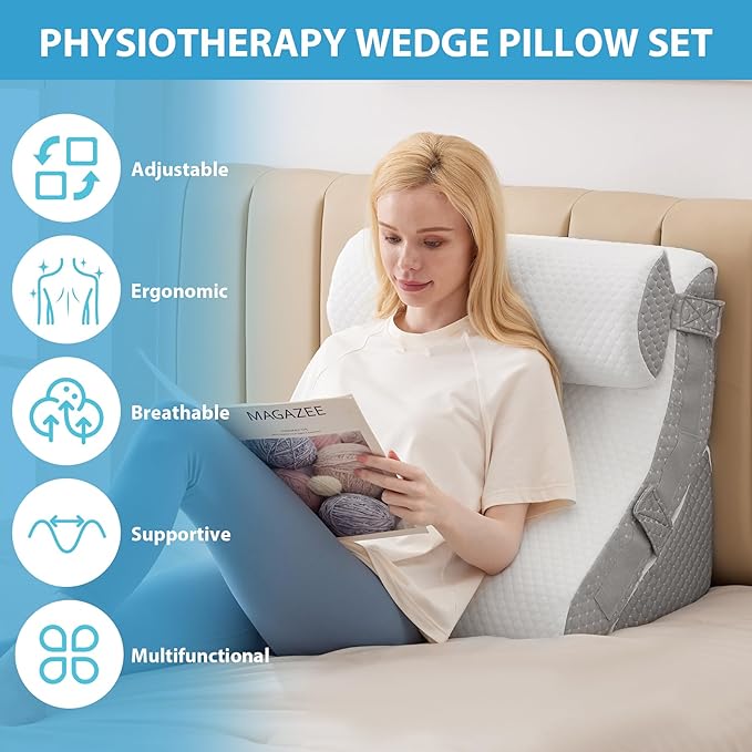 3PCS Bed Wedge Pillow for Sleeping, Adjustable Memory Foam Wedge Pillow for Back Leg Pain Relief, 23” Wide Triangle Pillow Wedge for Post Surgery, Acid Reflux, GERD & Snoring, White/Grey