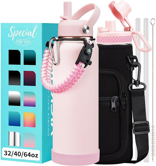 Pink 40 oz Insulated Water Bottle - with Straw Spout Lids, Triple Wall Stainless Steel Water Bottles Cold 48H Hot 24H, Wide Mouth Hydro Jug Metal Flask with Handle, Strap Carrier Bag for Women