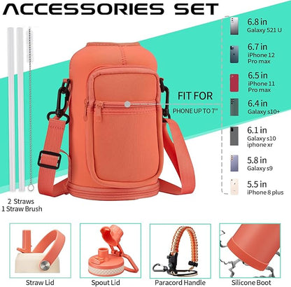 64oz Insulated Water-Bottle with Strap - Half Gallon Water Jug with Straw & Spout Lid, 2 Liter Stainless Steel Water Bottle Leak Proof, Cold-48h Hot-24h Metal Flask w/ Paracord Handle, Carrier Case