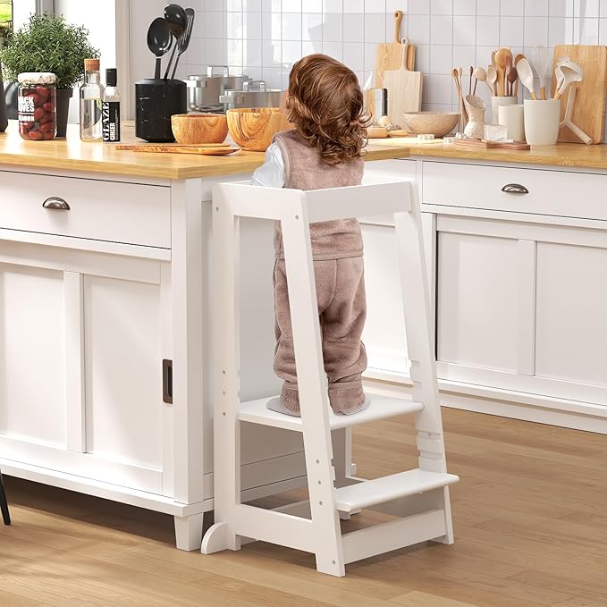 Kids Kitchen Step Stool, Step Stool for Toddlers, Adjustable Height Toddler Standing Tower, Anti-Slip Protection with guardrail, The Anti-Tipping Structure is More Stable (White)