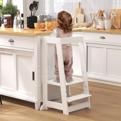 Kids Kitchen Step Stool, Step Stool for Toddlers, Adjustable Height Toddler Standing Tower, Anti-Slip Protection with guardrail, The Anti-Tipping Structure is More Stable (White)