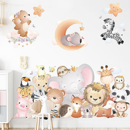 Cartoon Animal Wall Stickers Animal World Elephant Lion Zebra Tiger Giraffe Wall Decals for Kids Baby Nursery Playroom Bedroom Classroom Kindergarten Wall Decor