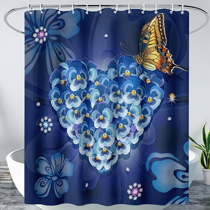AILONEN Blue Floral Shower Curtain for Girls,Beautiful Butterfly Heart Flower Bath Curtain for Bathroom,Blue Print Polyester Waterproof with 12 Plastic Hooks,72" W*96" H Blue