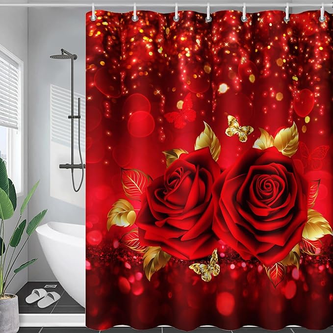 AILONEN Red Rose Shower Curtain for Bathroom,Romantic Rose Flower Waterproof Bath Curtain,Girls Women Curtain Bathroom Decor 48" W x 72" H with 12 Plastic Hooks