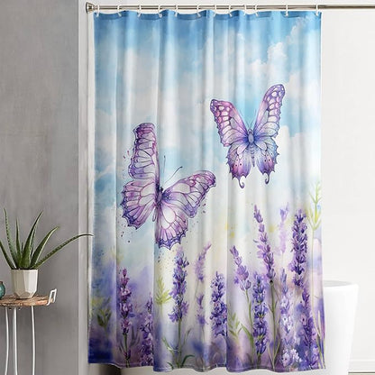 AILONEN Beautiful Butterfly Shower Curtain for Kids Girls Boys, Flying Butterfly Bath Curtains for Bathroom,Blossoming Lavender Flowers Shower Curtain Set with Hooks,36" W*72" H