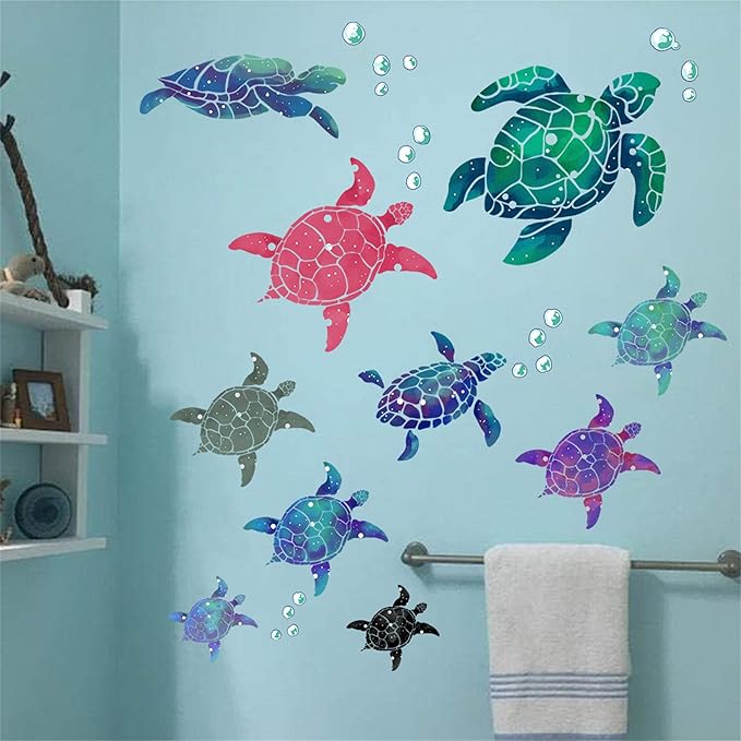 Waterproof Removable Watercolor Turtles Vinyl Wall Decal for Nursery Kidsroom School Classroom Livingroom Bedroom Bathroom Sea Life Sticker in Coastal Ocean Theme