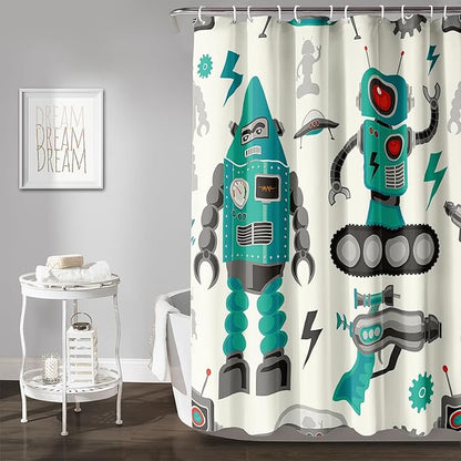 AILONEN Robot Shower Curtain,Cartoon Green Tank Robot Bathroom Decors, 36" W*72" H Logistic Robots Waterproof Shower Curtain for Boys Girls Teens Kids