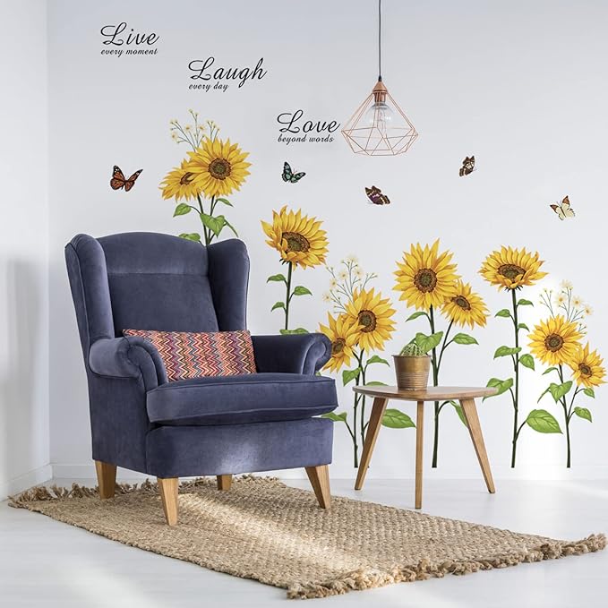 Runtoo Sunflower Butterfly Wall Art Stickers Flower Live Laugh Love Quotes Wall Decals Kids Bedroom Living Room Nursery Wall Decor