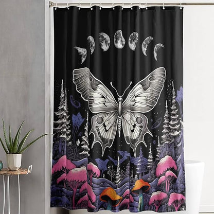 AILONEN Moth Shower Curtain for Kids Girls Boys, Boho Sun Moon with Mushroom Shower Curtains for Bathroom,Natural Plants Shower Curtain Set with Hooks,72" W*96" H