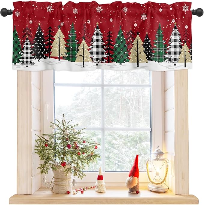 Red Merry Christmas Valance Curtains for Kitchen Windows Green Christmas Tree Rod Pocket Window Treatment Toppers for Kitchen/Living Room/Bedroom/Bathroom, 54" X 18", White Snow Forest Winter