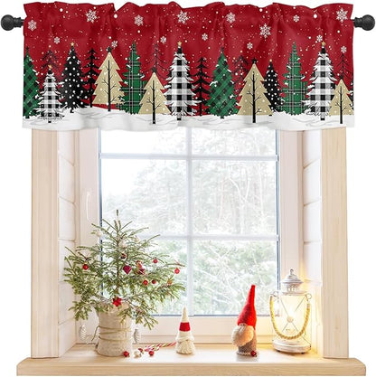Red Merry Christmas Valance Curtains for Kitchen Windows Green Christmas Tree Rod Pocket Window Treatment Toppers for Kitchen/Living Room/Bedroom/Bathroom, 54" X 18", White Snow Forest Winter