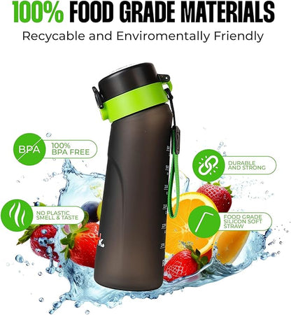 SPARK Air Water Bottle with Flavor Pods,750ML Scented Water Bottle BPA Free, Leak Proof Sports Motivational Water Bottle with Time Marker, Fruit Fragrance Water Bottle with Straw (Black+5 Pods)