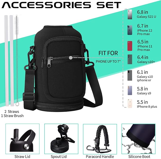 64OZ Stainless Steel Water Bottle with Paracord Handle, Straw/Spout Lid, Half Gallon Vacuum Insulated Water Flask Jug, Leak-proof Large Sports Jug for Outdoor Hiking Biking Travel Camping