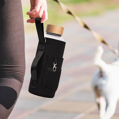 48 oz Sports Borosilicate Glass Water Bottle with Bamboo Lid with Neoprene Sleeve