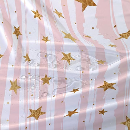 AILONEN Stars Shower Curtain, Pink Striped and Gold Stars Waterproof Shower Curtain,Simple Vintage Style Shower Curtain Liner for Girls Women Adults,72" W*72" H