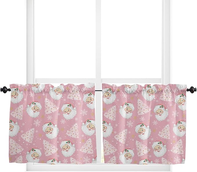 Pink Christmas Kitchen Curtains and Valances Set, Santa Claus Merry Christmas Tree Windows Treatments Tiers Half/Short Curtains for Small Windows Cafe/Living Room/Bedroom 54x24 in Winter Snowflake