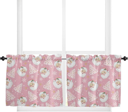 Pink Christmas Kitchen Curtains and Valances Set, Santa Claus Merry Christmas Tree Windows Treatments Tiers Half/Short Curtains for Small Windows Cafe/Living Room/Bedroom 54x24 in Winter Snowflake