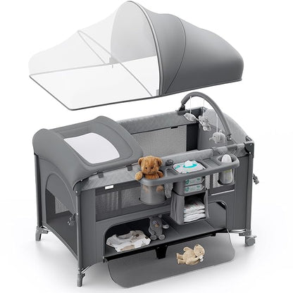 4 in 1 Baby Bassinet, Pack and Play, Bedside Crib Sleeper, Diaper Changer - Comes with Mattress, Mosquito Net，Bottom Storage and Toy Bar for Newborn to Toddles