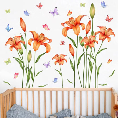 Amaonm Removable DIY Orange Lily Flower wall Sticker Peel and Stick Floral Butterfly Leaf Plant Vine Wall Decals for Kids Girls Boys Bedroom Living Room Nursery Classroom Playroom Office Bathroom Wall Background Decoration