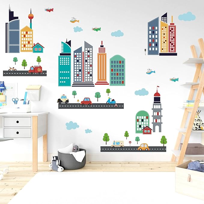 49pcs Cars City Wall Decals Removable Sticker for Kids Cartoon Cloud Skyscraper Construction Wall Stickers Airplane Kids Wall Decor Children's Day Gift Wallpapers for Nursery Classroom Playroom