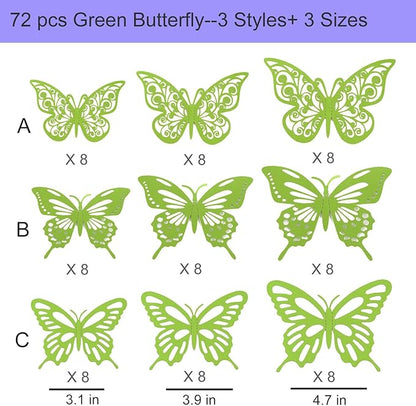 72Pcs 3D Butterfly Wall Decor 3 Sizes 3 Styles, Butterfly Decorations Party Birthday Cake Decoration, Removable Butterfly Wall Stickers for Kids Nursery Wedding Bedroom Room Decor(Green)