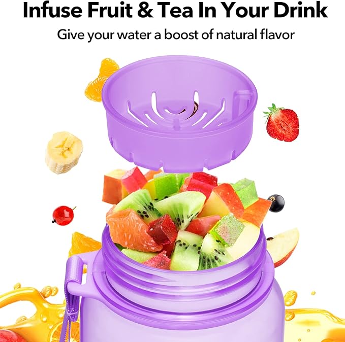 26oz Motivational Water Bottle with Time Marker & Fruit Strainer, Leak-proof BPA Free Non-Toxic Bottle with Carrying Strap, Perfect for Fitness, Gym and Outdoor Sports