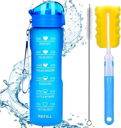 XACIOA Water Bottle with Straw,32oz Plastic Cup with Motivational Time Marker,1L Tritan Sport Lightweight Leakproof BPA-Free,Wide Mouth Fast Flow Ensure You Have Times to Drink,with Straw & Cup Brush