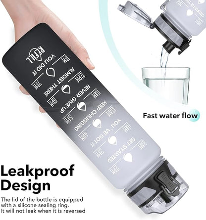 32oz/26oz Motivational Water Bottle with Time Marker & Fruit Strainer, Leak-proof BPA Free Non-Toxic 1l Bottle with Carrying Strap, Perfect for Fitness, Gym and Outdoor Sports, Plastic