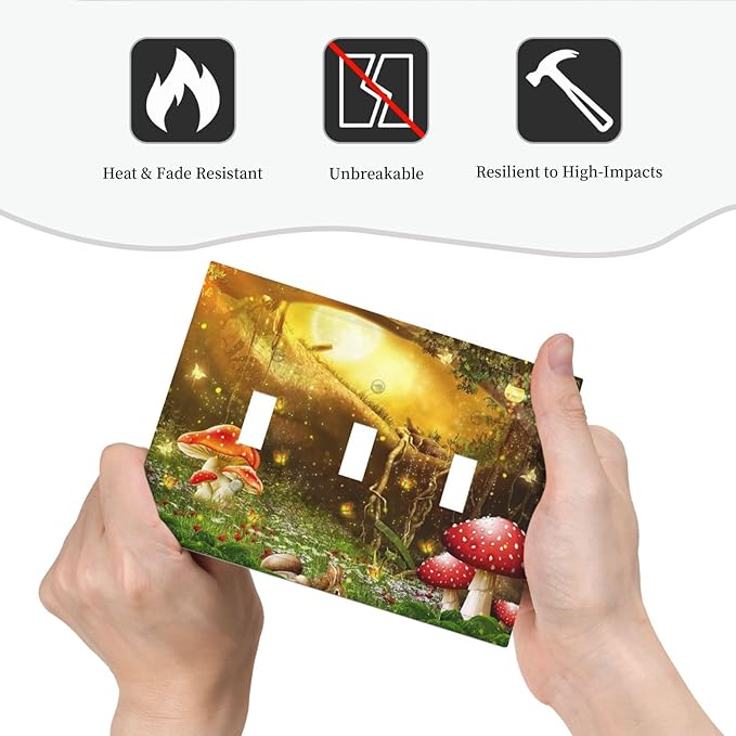 Red Mushroom Forest Fairy Moon Butterfly 3 Gang Bohemian Light Switch Covers Decorative Triple Toggle Wall Plate Electrical Faceplate Switchplate for Kidroom Nursery Bedroom Decor