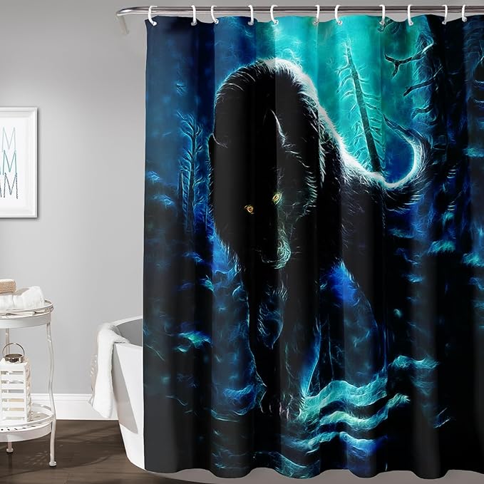 AILONEN Wolf Shower Curtain,Evening Moon Wolf Bath Curtain Gifts for Kids Boys Girls,Safari Wolf Polyester Waterproof with 12 Plastic Hooks 72" W*84" H