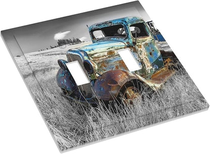 Vintage Country Old Blue Truck Double Toggle Light Switch Cover Decorative Rustic Automobile 2 Gang Wall Plate Electrical Faceplate Switchplate for Bathroom Bedroom Living Room Decor