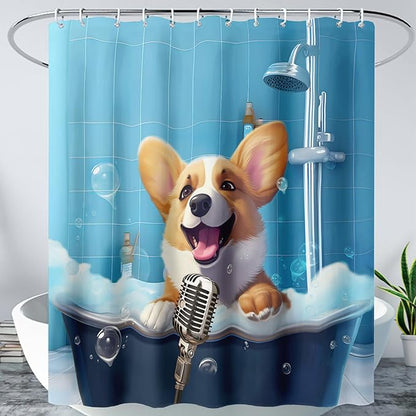 AILONEN Cute Shower Dog Shower Curtain for Kids Boys,Funny Singing Puppy Waterproof Fabric Shower Curtain for Bathroom,Lovely Hilarious Pet Shower Curtain Set with Hooks,72" W*96" H