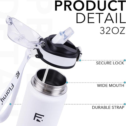 32 oz Insulated Water Bottle with Straw, Stainless Steel Metal Thermos Bottles, Durable Non-Slip Gradient Bottle with Strap for Sports and Travel, Leak Proof (White Matte)