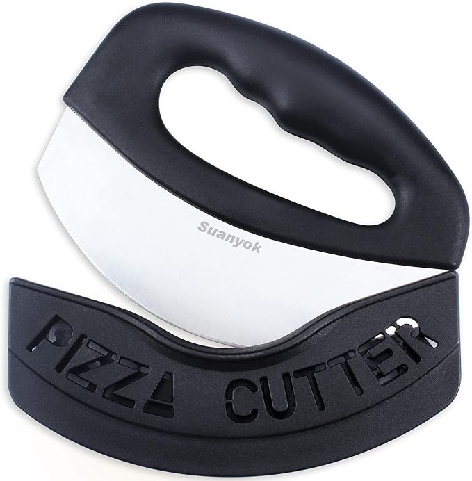Premium Pizza Cutter Food Chopper-Super Sharp Blade Stainless Steel Pizza Cutter Rocker Slicer with Protective Sheath Multi Function Pizza Knife Kitchen Tools,Dishwasher Safe (Black)