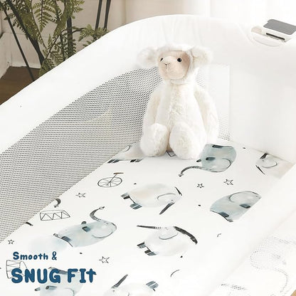 GRSSDER Stretchy Ultra Soft Fitted Bassinet Sheet Set 2 Pack, Universal Fitted for Bassinets Baby Cradle Moses Basket Oval Rectangle Mattress Safe and Snug, Cute Elephant Print