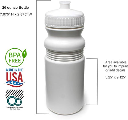 Rolling Sands 20 Ounce Sports Water Bottles 24 Pack, BPA-Free, Made in USA, Dishwasher Safe, White