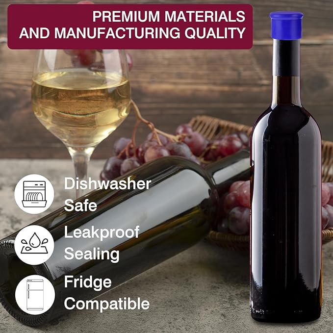 6PCS Wine Stoppers Reusable Silicone Wine Bottle Stopper Corks - Airtight Seal to Keep Fresh for Beverages, Beer, Champagne, Wine (Rose Red, Blue, Green, Yellow)