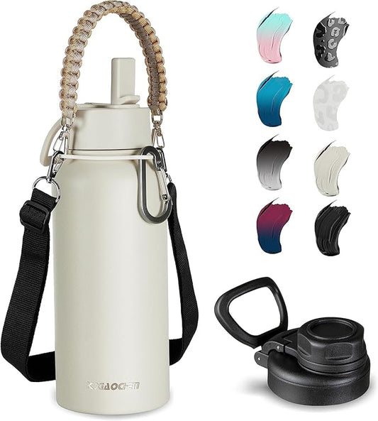 40 oz Insulated Water Bottle with Paracord Handles & Strap, 2 Lids(Straw Lid&Spout Lid), Stainless Steel Reusable Wide Mouth Metal Water Bottle With Straw, Double Walled, Thermo Mug（Cream)