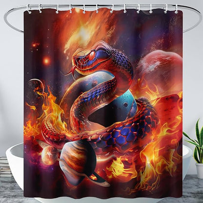 AILONEN 3D Snake Shower Curtain for Boys,Flame Fire Planet Snake Bath Curtain for Bathroom Decor,Safari Animal Polyester Waterproof for Shower, 48" W*72" H with 12 Plastic Hooks