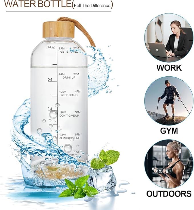 Crazy Music 32 oz Clear Glass Water Bottles,Reusable Glass Juicing Bottles with Bamboo Leak Proof Lids -Sports Water Bottle with Time Marker for Gym, Sports, Outdoors(Green RosesTheme)