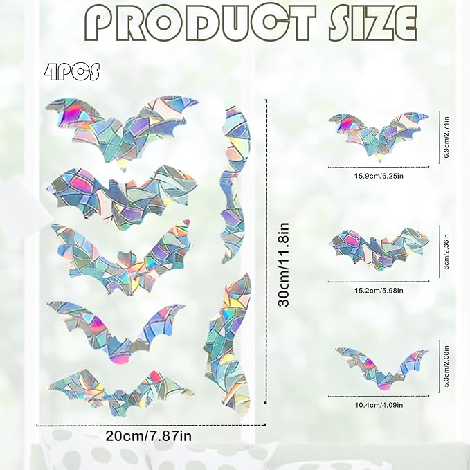4Pcs Bat Window Stickers, Prism Color Window Decals to Prevent Bird Strikes Bird Window Strike Prevention Window Alert Decals for Birds Strikes, Anti Collision Window Stickers for Birds Window Decals