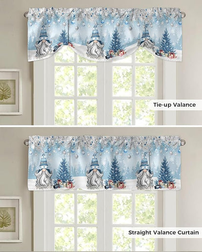 Christmas Gnome Blackout Tie Up Valance Curtains for Kitchen Windows Winter Merry Christmas Tree Balls Window Toppers Balloon Shades for Living Room/Bathroom/Bedroom,1 Panel, 60" X 18", Blue