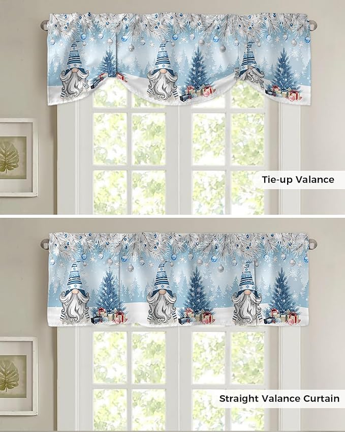 Christmas Gnome Blackout Tie Up Valance Curtains for Kitchen Windows Winter Merry Christmas Tree Balls Window Toppers Balloon Shades for Living Room/Bathroom/Bedroom,1 Panel, 42" X 12", Blue