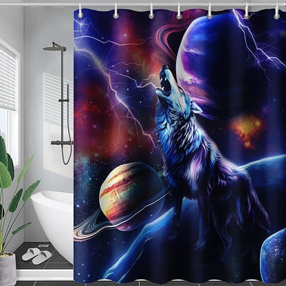 AILONEN Howling Wolf Shower Curtain,Lightning Planet Wolf Bath Curtain for Kids Boys Girls,Wildlife Animal Polyester Waterproof for Shower with 12 Plastic Hooks 72" W*96" H