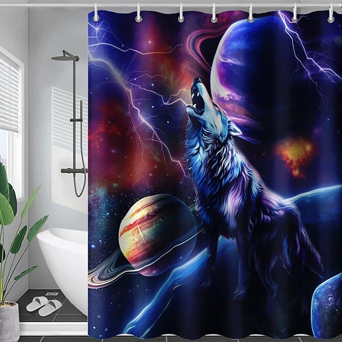 AILONEN Howling Wolf Shower Curtain,Lightning Planet Wolf Bath Curtain for Kids Boys Girls,Wildlife Animal Polyester Waterproof for Shower with 12 Plastic Hooks 36" W*72" H