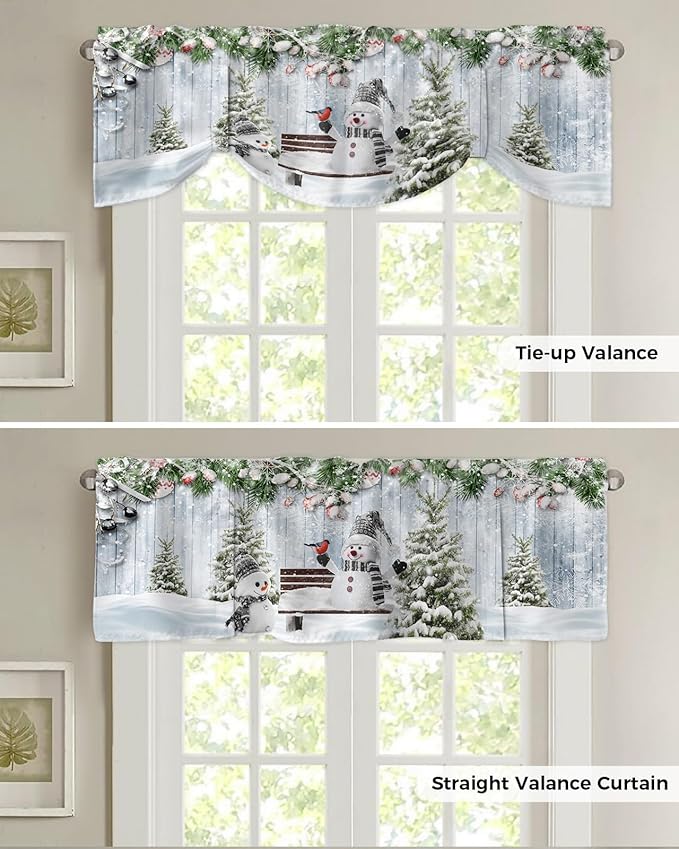Merry Christmas Blackout Tie Up Valance Curtains for Kitchen Windows Xmas Snowman Snowy Pine Tree Window Toppers Balloon Shades for Living Room/Bathroom/Bedroom,1 Panel, 42" X 12", Blue Winter