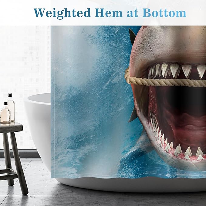 Aimego Long Funny Shower Curtain - Cute Cool Cat Riding Shark Ocean Wave Fun Fabric Cloth Shower Curtain Set with 12 Hooks for Adults Kids Bathroom Decor Accessories Bathtub Curtain, 72"x78"