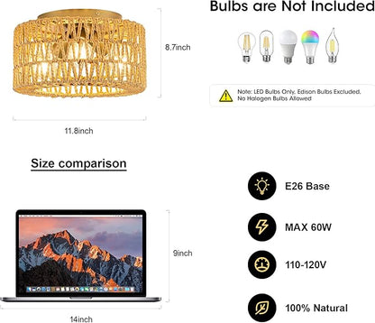 MAYNA 3-Light Boho Light Fixtures Ceiling Mount, Hand-Woven Chandelier Light Fixture,Farmhouse Rattan Flush Mount Ceiling Light for Hallway Bedroom Kitchen Living Room Entryway (Gold)