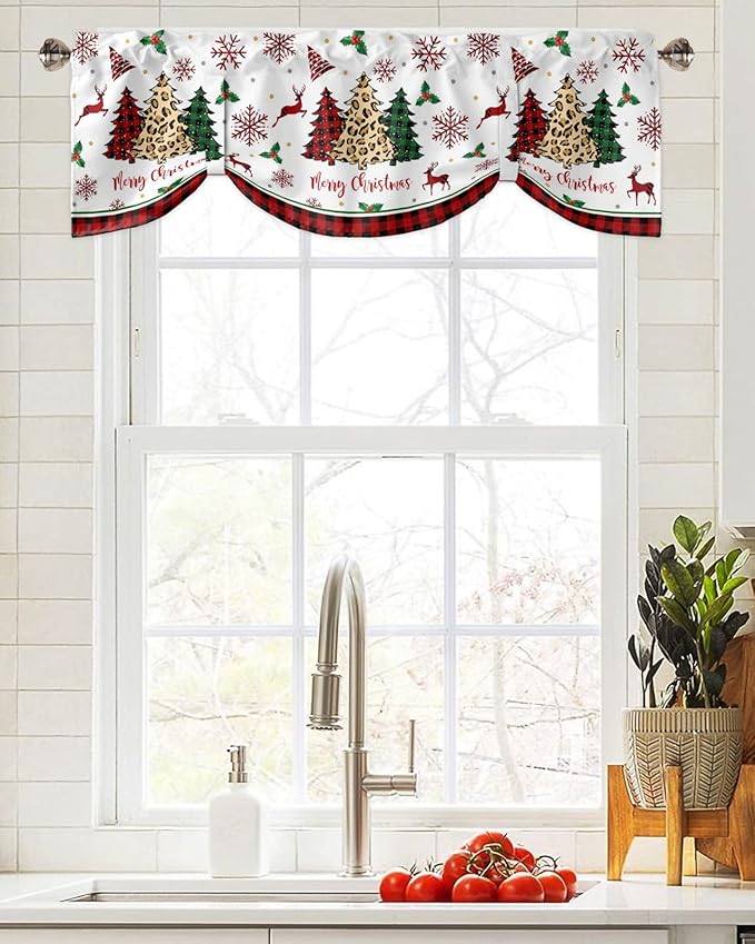 Merry Christmas Blackout Tie Up Valance Curtains for Kitchen Windows Farm Christmas Tree Buffalo Plaid Leopard Window Toppers Balloon Shades for Living Room/Bathroom/Bedroom,54" X 18" Holiday Decor